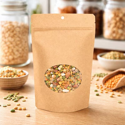 Kraft Eco Stand Up Pouch w/Oval Window 5 7/8" x 3 1/2" x 9 1/8" 100 pack