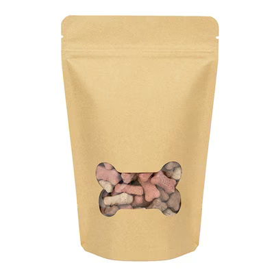 5 1/8" x 3 1/8" x 8 1/8" (Outer Dimensions) Kraft Bone Shaped Window Stand Up Zipper Pouch (25 Pieces) [ZBGW3KB]