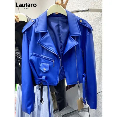 Lautaro Spring Autumn Short Blue Soft Pu Leather Biker Jacket Women Zipper Long Sleeve Belt Cool Luxury Designer Clothes 2022