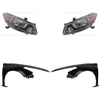 2009 Honda Accord 4-Piece Kit Driver and Passenger Side Headlights with Fenders, with Bulbs, Halogen, With Clear Turn Signal Light