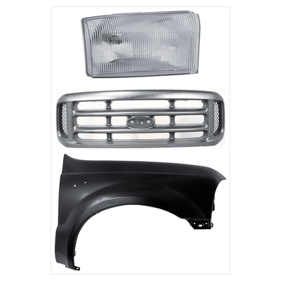 2000 Ford F-550 Super Duty 3-Piece Kit Grille, Painted Silver Shell and Insert, Plastic, includes Fender and Headlight