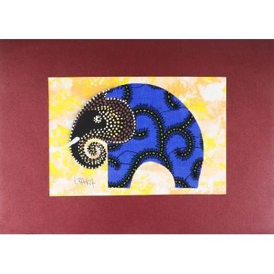 Blue Elephant,'Modern Elephant Painting with Printed Cotton Accent in Blue'