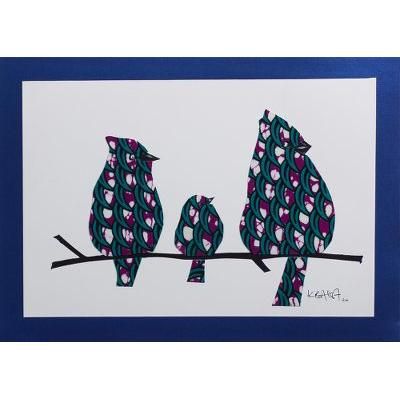 Happy Family IV,'Matted Bird Painting on Cardstock'