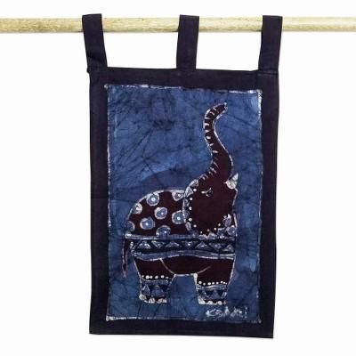 Blue Trumpeter,'Cotton Batik Elephant Wall Hanging'