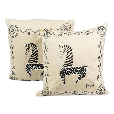 Prancing,'Hand-Painted Cotton Cushion Covers (Pair)'