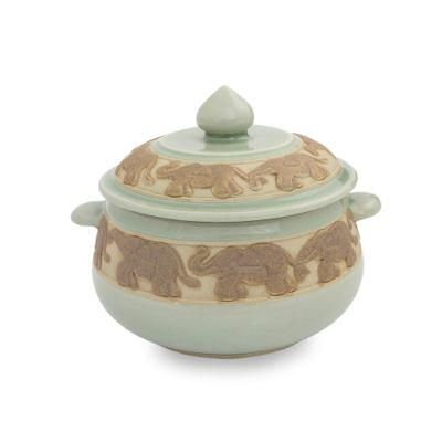 Celadon ceramic covered bowl, 'Green Elephant Walk'
