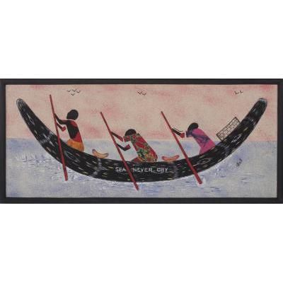 The Lost Fishermen,'Framed Oil Painting on Cotton and Batik Cloth from Ghana'