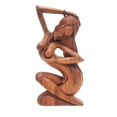 Summer Shower,'Hand Carved Suar Wood Sculpture of Artistic Nude'