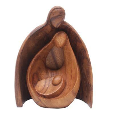 Family Hug,'Hand-Carved Suar Wood Family Sculpture from Bali'