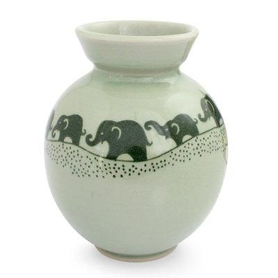 Prancing Jade Elephants,'Handmade Green Celadon Ceramic Elephant Vase'