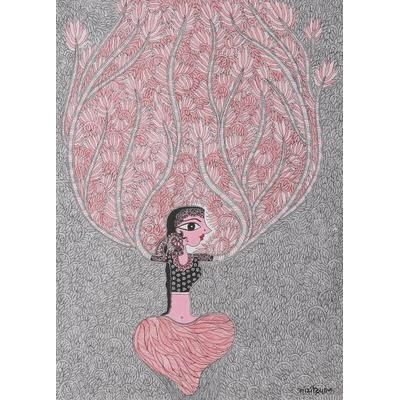 Feminine Tree,'World Peace Project Surreal Madhubani Style Painting India'