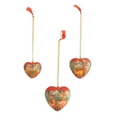 Jungle Christmas,'Heart Shaped Ornaments with Jungle Motifs (Set of 3)'