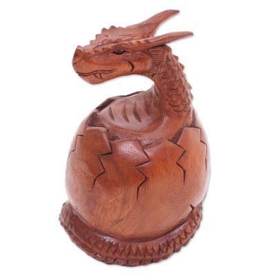 Hatchling Dragon,'Hand Carved Suar Wood Balinese Dragon Sculpture'
