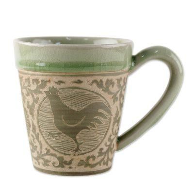 Thai Zodiac Chicken,'Celadon Glazed Ceramic Mug with Chicken from Thailand'