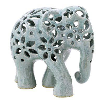 Flowering Elephant,'Hand Crafted Celadon Ceramic Elephant Sculpture'