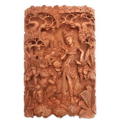 Sita and Hanuman,'Ramayana-Themed Cempaka Wood Relief Panel from Bali'