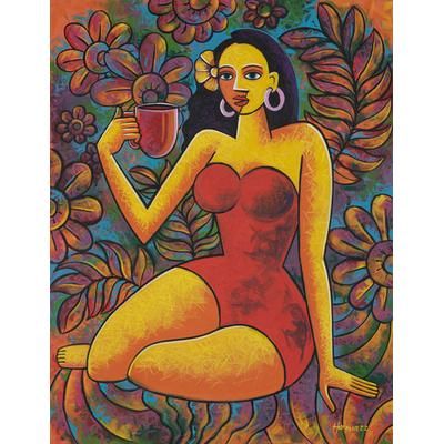 'Signed Unstretched Warm-Toned Acrylic Painting from Bali'