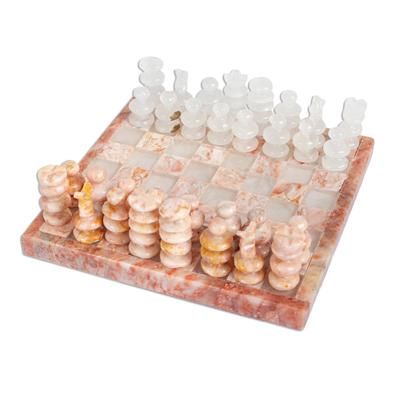 Pink and Ivory Challenge,'Onyx and Marble Chess Set in Pink and Ivory from Mexico'