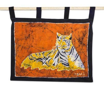 Resting Tiger,'Tiger-Themed Batik Cotton Wall Hanging from Ghana'