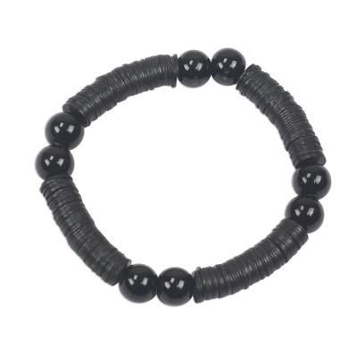 Tutum Yefe,'Black Recycled Plastic Beaded Stretch Bracelet from Ghana'