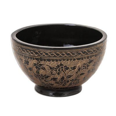 Brown Floral Forest,'Handcrafted Brown and Black Lacquered Bowl from Thailand'