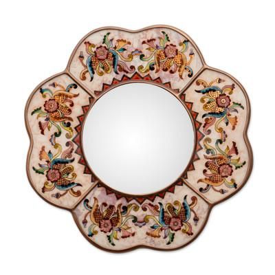 'Iridescent Cajamarca Blossom' - Hand Made Reverse Painted Glass Mirror from Peru