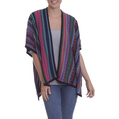 Garden Strata,'Fuchsia and Multi-Color Striped Acrylic Knit Ruana'