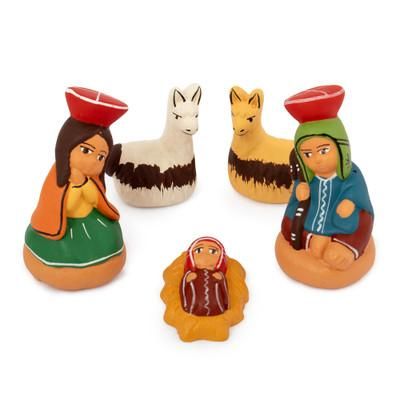 'Hand-Painted 5-Piece Ceramic Andean Folk Art Nativity Scene'