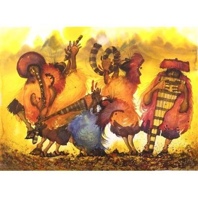 Sunset Sonata,'Andean Musician Watercolor Painting'
