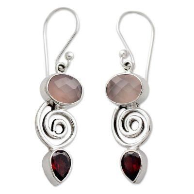 Garnet and rose quartz dangle earrings, 'Romantic Journey'