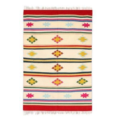 Vibrant Geometry,'Geometric Wool Area Rug with Ivory Stripes (4x5.5)'