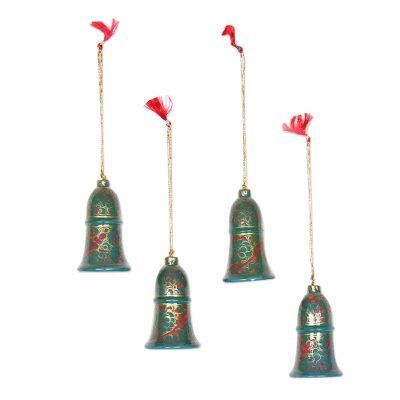 Christmas Carillon in Green,'Papier Mache Bell Ornaments in Green from India (Set of 4)'