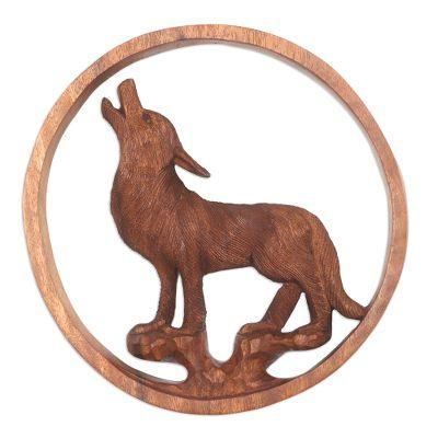 Baying Wolf,'Hand Carved Suar Wood Wolf Relief Panel'