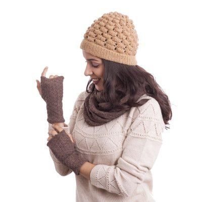 Passionate Pattern in Chestnut,'Patterned 100% Baby Alpaca Fingerless Mitts in Chestnut'