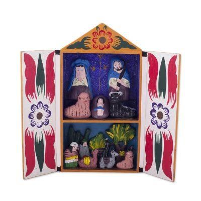 Llamas on Christmas Eve,'Ceramic Folk Art Religious Retablo Diorama Handmade in Peru'