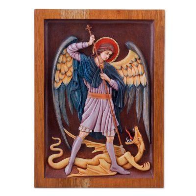 Saint Michael Archangel,'St Michael and Dragon Religious Wall Art Cedar Wood Panel'