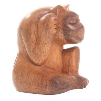 Healthy Cat,'Hand Carved Suar Wood Cat Statuette'