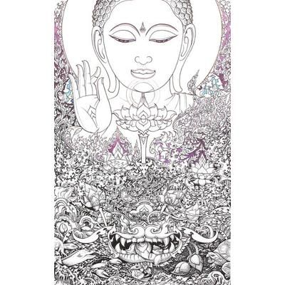Four Types of Lotus,'Original Ink And Acrylic On Canvas Painting of Buddha'