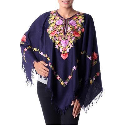 Royal Garden,'Dark Blue Wool Poncho with Pastel Flower Embroidery'