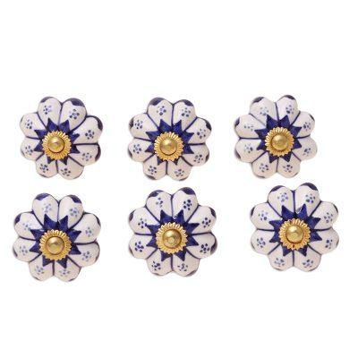Lapis Flowers,'Six Ceramic Floral Knobs in Blue and White from India'