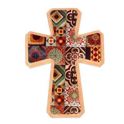 Puebla Heritage,'Handcrafted Decoupage Wall Cross with Puebla Tile Motifs'