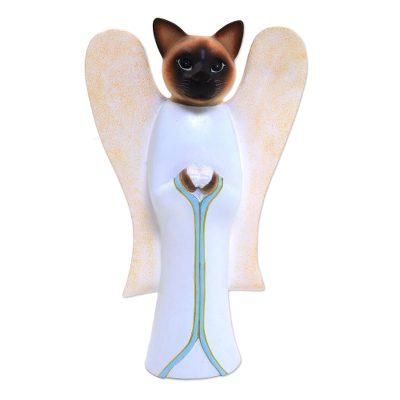Wood statuette, 'Angelic Siamese Cat'