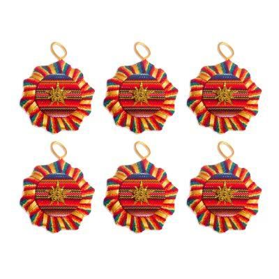 Cotton ornaments, 'Suns and Stars' (set of 6)