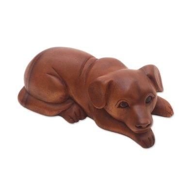 Good Boy,'Hand-Carved Suar Wood Dog Sculpture from Bali'