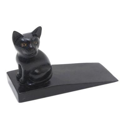 Helpful Kitten in Black,'Handcrafted Suar Wood Cat Doorstop in Black from Bali'