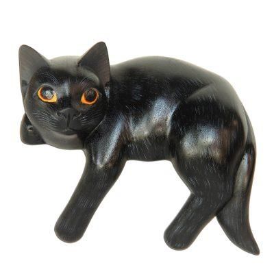 Wood sculpture, 'Black Cat Relaxes'