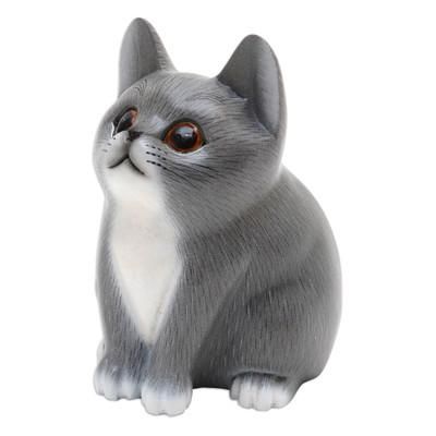 Dreamy Kitten,'Handcrafted Kitten Suar Wood Figurine in Grey Hues'