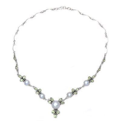 Full Moon Garden,'Cultured Pearl and Peridot Sterling Silver Pendant Necklace'