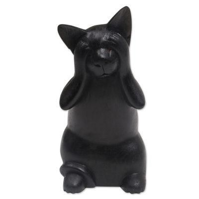 'Hand-Carved Black Suar Wood Cat Sculpture from Bali'