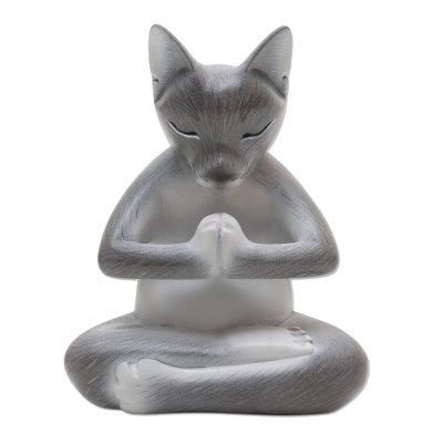Grateful Cat in Grey,'Hand Carved Suar Wood Cat Statuette'